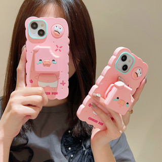 เคสโทรศัพท์มือถือ ซิลิโคนนิ่ม ลายหมู 3D พร้อมขาตั้ง สําหรับ iphone 14 Pro Max 13 Pro Max 12 Pro Max