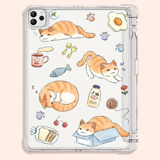 เคสแท็บเล็ต TPU แบบใส กันตกสี่มุม ลายการ์ตูนแมวสีส้ม พร้อมช่องใส่ปากกา สําหรับ Ipad