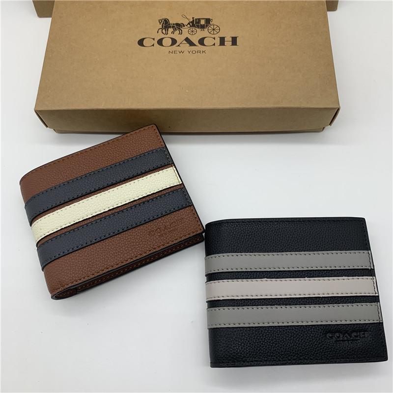 กระเป๋าสตางค์ COACH F24649 F73629 หนังแท้ 100% ใบสั้น ลายทาง สไตล์คลาสสิก สําหรับผู้ชาย