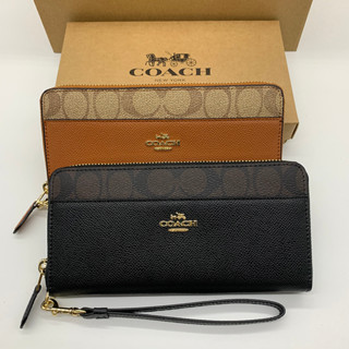 กระเป๋าสตางค์ COACH F76971 หนังแท้ 100% ใบยาว มีซิป พร้อมสายคล้องข้อมือ ใส่โทรศัพท์มือถือได้ สําหรับผู้หญิง