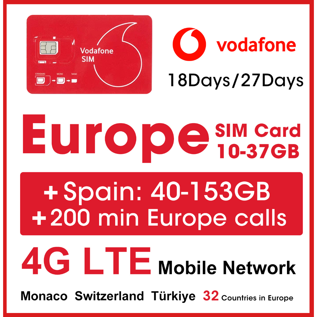 Vodafone ซิมการ์ดยุโรป ส้ม 14 18 27 28 GB โทรได้ 200 นาที 32 ประเทศ 18 27 วัน (สเปน 80-168GB) 4G LTE