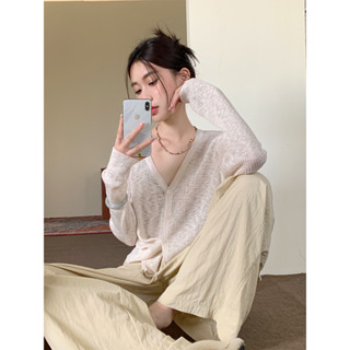 Thin knit buckle design cardigan+lazy and fashionable loose fitting wide leg pants