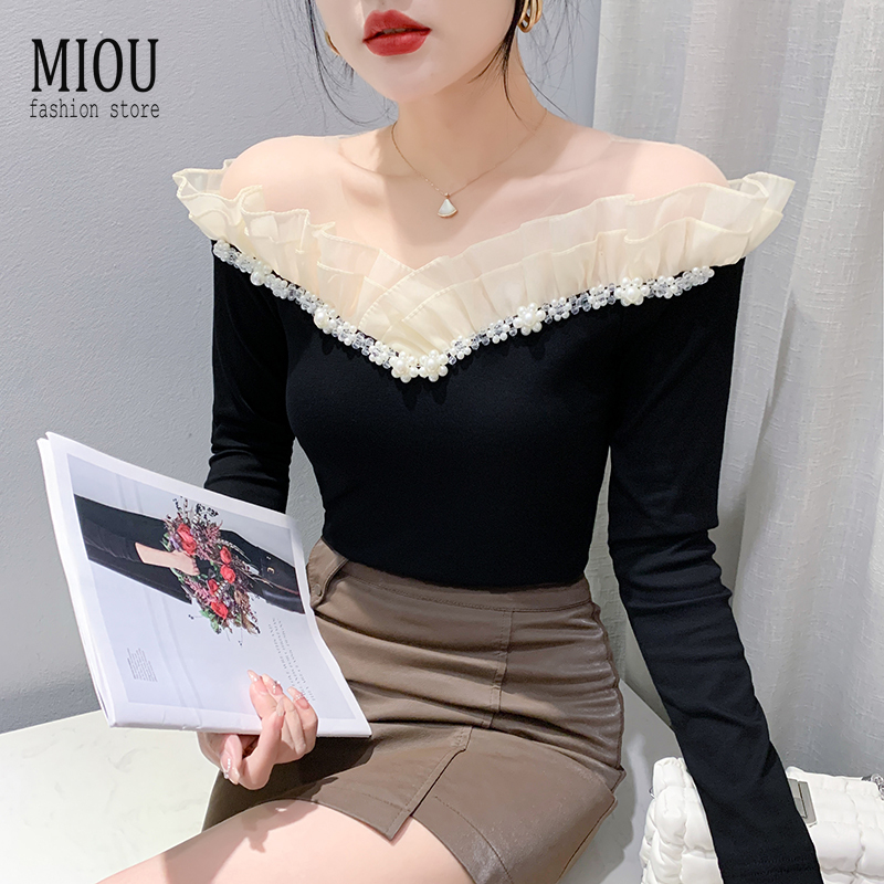 Miou ใหม่ เสื้อยืดแขนยาว ประดับลูกปัดลูกไม้ ขนาดเล็ก แฟชั่นฤดูใบไม้ร่วง ฤดูหนาว สไตล์เกาหลี สําหรับผู้หญิง 2023 M-3xL