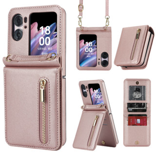 เคสหนัง ฝาพับ พร้อมช่องใส่บัตร และสายคล้อง มีซิป สําหรับ OPPO Find N2 Flip 5G N2flip