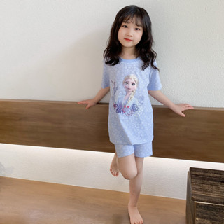 ชุดนอนแขนสั้น คอกลม ผ้าฝ้าย ลายเกล็ดหิมะเอลซ่า โฟรเซ่น สําหรับเด็กผู้หญิง