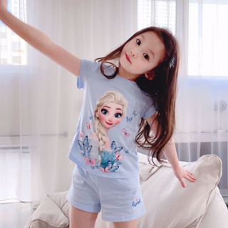 ชุดนอน เสื้อแขนสั้น ผ้าฝ้าย ลายการ์ตูน Frozen Elsa และกางเกงขาสั้น สําหรับเด็กผู้หญิง