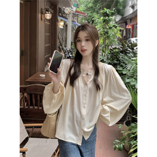 Sharon Bubble Sleeve Apricot Art Casual Shirt Womens Small Fresh Loose Round Neck Top