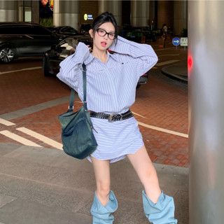 ชุดเดรสเชิ้ตแขนยาว คอปก เข้ารูป ลายทาง สุดเซ็กซี่ แต่งรอยขาด สไตล์เกาหลี สําหรับผู้หญิง