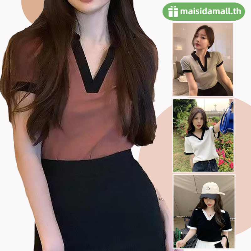 🔥พร้อมส่ง🔥MSD เสื้อไหมพรม คอปกแขนสั้น เว้าอกแอบแซ่บ ผ้านิ่มใส่สบาย