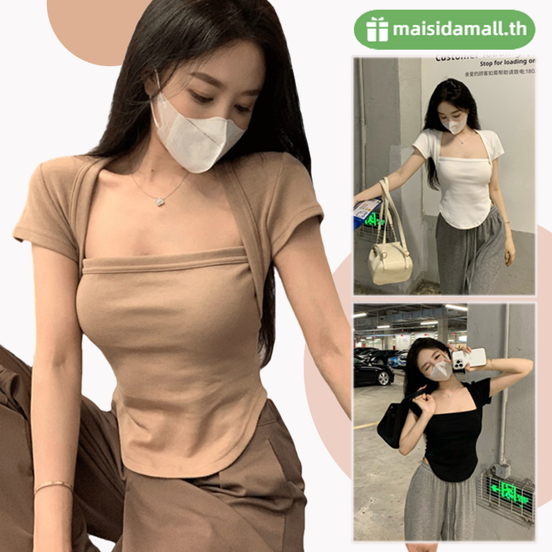 🔥พร้อมส่ง🔥MSD เสื้อยืดแขนสั้นบาง ๆ ของผู้หญิง ins การออกแบบฝรั่งเศสความรู้สึกเล็กสาวร้อนเสื้อคอเหลี่