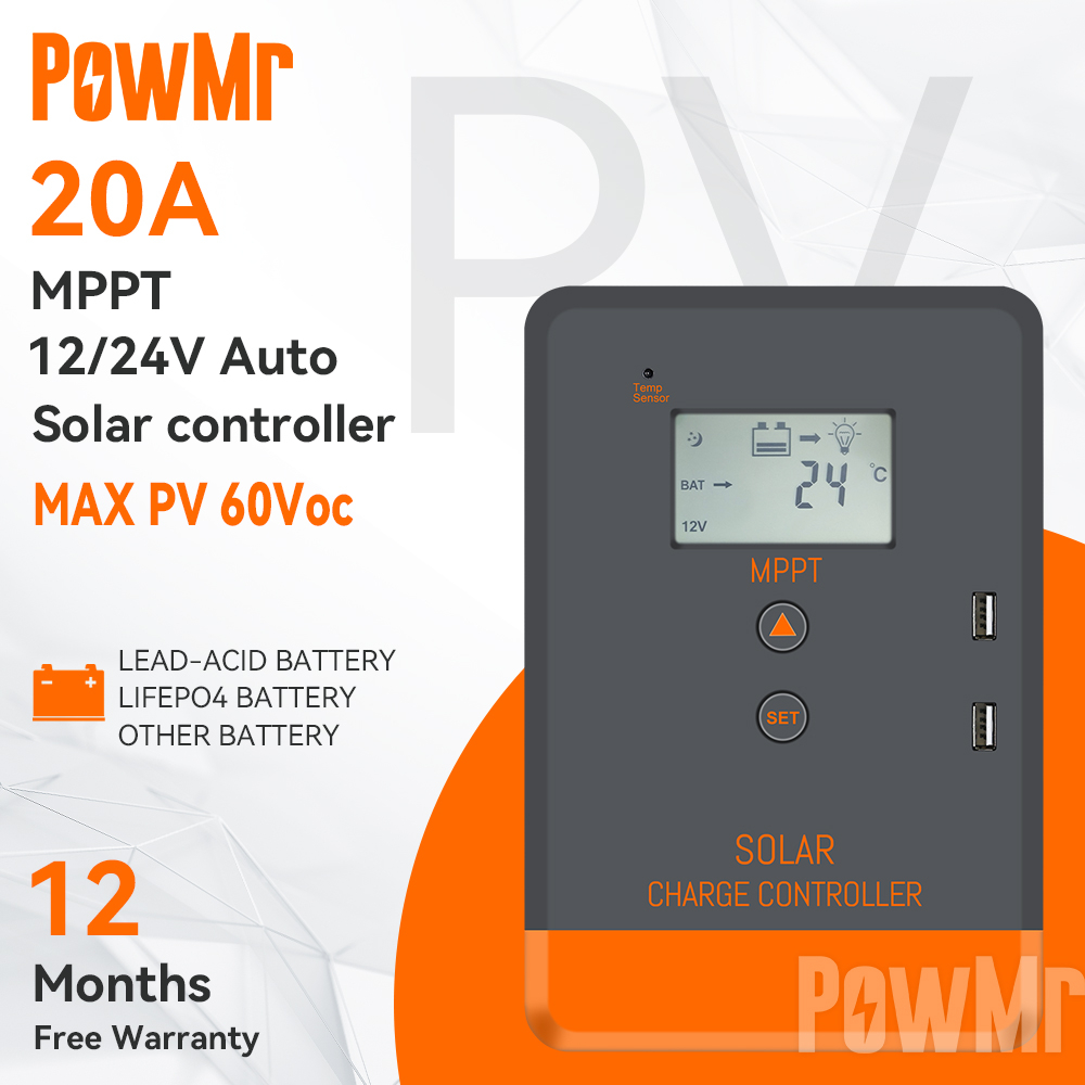ลดราคาPowMr MPPT 20A Solar Charger Controller 12V 24V Auto Solar Controller PV Max Input 60Voc Lcd Backlit Display 2 พอร์ต Usb รับประกันฟรี