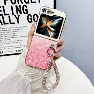 เคสโทรศัพท์มือถือ แบบพับได้ ไล่โทนสี พร้อมสายคล้องมือ ประดับเพชร สําหรับ Samsung zflip5 Z Flip 4 zflip3 zfold5 zfold4 zfold3