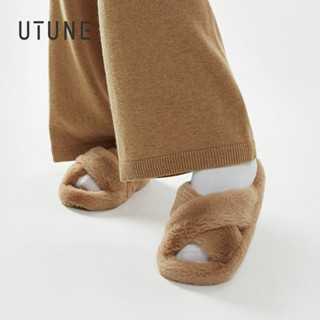 Utune รองเท้าแตะ ผ้าฝ้าย เปิดนิ้วเท้า ประดับขนเฟอร์ แบบนิ่ม เหมาะกับใส่ในบ้าน แฟชั่นสําหรับผู้หญิง