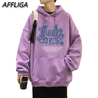 ❀ AFFLIGA ❀ เสื้อกันหนาว มีฮู้ด พิมพ์ลายตัวอักษร ขนาดใหญ่ สีแคนดี้ แบบเรียบง่าย แฟชั่นสไตล์เกาหลี สําหรับผู้ชาย และผู้หญิง ไซซ์ M - 5XL