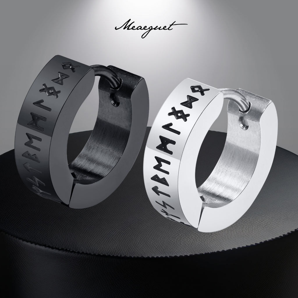 Mg Viking Rune ต่างหูวงกลม สไตล์พังก์ ของขวัญวันเกิด สําหรับผู้ชาย สีดํา สีเงิน