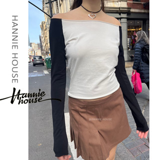 Hannie- เสื้อยืด เปิดไหล่ สีตัดกัน สําหรับผู้หญิง