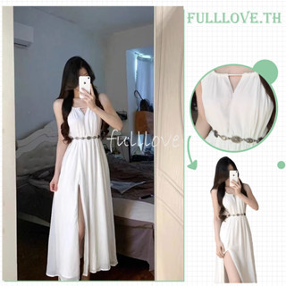 Fulllove เดรสสายเดี่ยวแหวกข้าง ยางยืดข้างหลัง เดรสเที่ยวคาเฟ่minimal มินิมอล