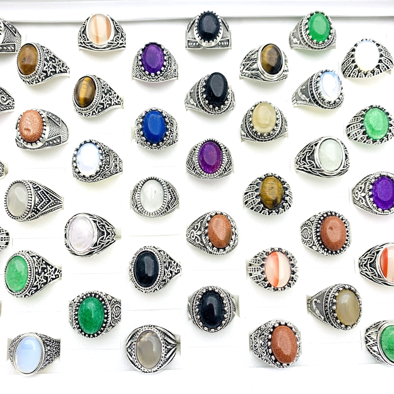 10 ชิ้น Cincin แหวนสําหรับผู้ชายผู้หญิงชุบเงิน Retro เครื่องประดับหินธรรมชาติ Party