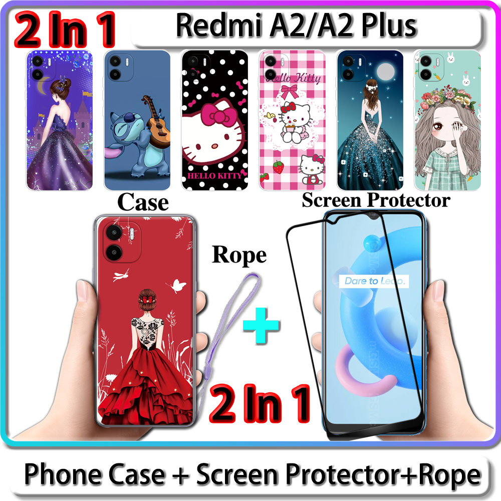 2 IN 1 เคส สําหรับ Redmi A2 A2 Plus เคส พร้อมกระจกนิรภัยโค้ง ป้องกันหน้าจอเซรามิค สําหรับเด็กผู้หญิง