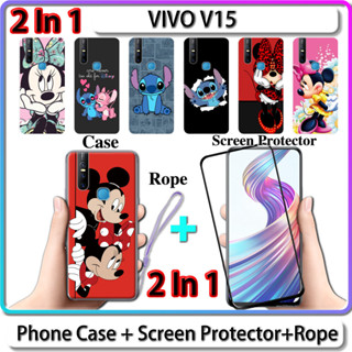 2 IN 1 เคส สําหรับ VIVO V15 เคส พร้อมกระจกนิรภัยโค้ง ป้องกันหน้าจอเซรามิค การออกแบบสติตช์ และมินนี่