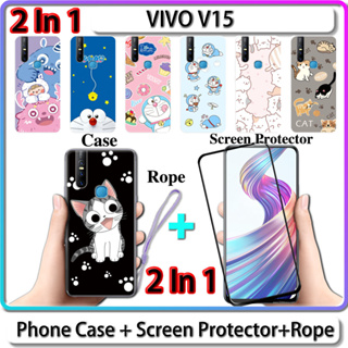 2 IN 1 เคส สําหรับ VIVO V15 เคส พร้อมกระจกนิรภัยโค้ง ป้องกันหน้าจอ เซรามิค ลายแมว และโดราเอมอน