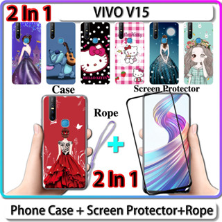 2 IN 1 เคส สําหรับ VIVO V15 เคส พร้อมกระจกนิรภัยโค้ง ป้องกันหน้าจอ เซรามิก สําหรับเด็กผู้หญิง และคิตตี้