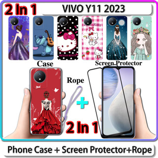 2 IN 1 เคส สําหรับ VIVO Y11 2023 เคส พร้อมกระจกนิรภัย โค้ง เซรามิค ป้องกันหน้าจอ สําหรับเด็กผู้หญิง และคิตตี้