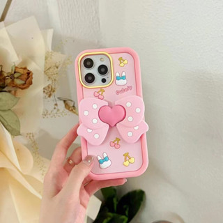 เคสโทรศัพท์มือถือ ซิลิโคนนิ่ม ลายการ์ตูนโบว์ สามมิติ พร้อมขาตั้ง รวมทุกอย่าง สําหรับ iPhone14 13 12 11 Pro MAX