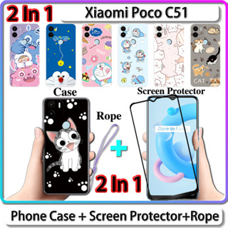 2 IN 1 เคส สําหรับ Xiaomi Poco C51 เคส พร้อมกระจกนิรภัยโค้ง ป้องกันหน้าจอ เซรามิค ลายแมว และโดราเอมอน