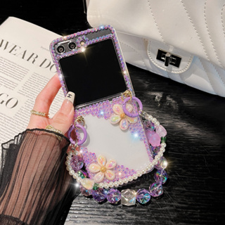 เคสโทรศัพท์มือถือแบบแข็ง ใส บางมาก พร้อมสายคล้องมือ ประดับเพชร สําหรับ Samsung Galaxy Z FLIP 5 1 2 FOLD 3 4 FLIP5 FOLD5