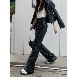 Retro Spicy Girl Elastic High Waist Slim Ragged Leather Floor Raging Casual Pants Female