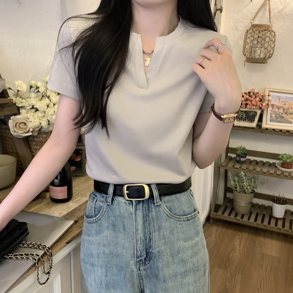 66403 เสื้อยืด แขนสั้น คอปก เปิดครึ่ง เนื้อผ้าฝ้ายแท้ สไตล์เกาหลี เรียบง่าย เหมาะกับฤดูร้อน