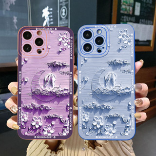 เคสโทรศัพท์มือถือ ขอบสี่เหลี่ยม ลายกระต่าย ดวงจันทร์ สําหรับ iPhone 14 Plus 13 Pro Max 12 iPhone 11 XR 8 7 SE 2022