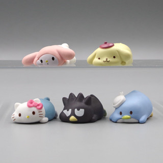 SANRIO โมเดลฟิกเกอร์ PVC อนิเมะ Kuromi Onpompurin Hello Kitty My Melody Penguin Lie Prone Posture Q Version ของเล่นสําหรับเด็ก 5 ชิ้น ต่อชุด