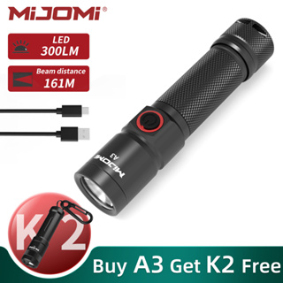 Mijomi A3 ไฟฉาย 300 Lumens ความสว่าง 161 เมตร ระยะ 18650 ไฟฉาย ชาร์จได้ ไฟฉายอุตสาหกรรม กันน้ํา