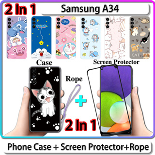 2 IN 1 เคส สําหรับ Samsung A34 เคส พร้อมกระจกนิรภัยโค้ง ป้องกันหน้าจอ เซรามิค ลายแมว และโดราเอมอน