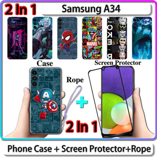 2 IN 1 เคส สําหรับ Samsung A34 เคส พร้อมกระจกนิรภัยโค้ง ป้องกันหน้าจอ เซรามิค LOL และการออกแบบฮีโร่