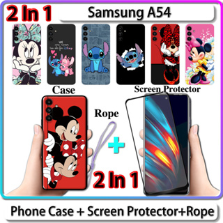 2 IN 1 เคส สําหรับ Samsung A54 เคส พร้อมกระจกนิรภัยโค้ง ป้องกันหน้าจอ เซรามิค การออกแบบสติตช์ และมินนี่