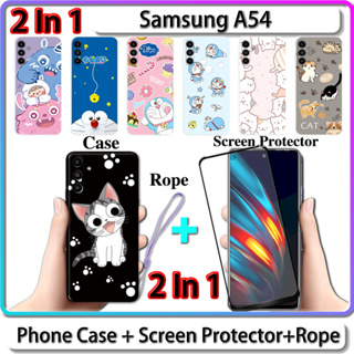 2 IN 1 เคส สําหรับ Samsung A54 เคส พร้อมกระจกนิรภัยโค้ง ป้องกันหน้าจอ เซรามิค ลายแมว และโดราเอมอน