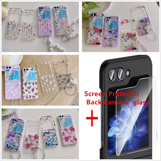 Samsung Galaxy Z Flip 5 Flip5 5G ดอกไม้ ผีเสื้อ น่ารัก พร้อมสร้อยข้อมือ เคสโทรศัพท์ PC แบบแข็ง ใส ป้องกันหน้าจอ ฟิล์มกระจก