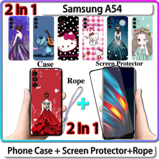 2 IN 1 เคส สําหรับ Samsung A54 เคส พร้อมกระจกนิรภัยโค้ง ป้องกันหน้าจอ เซรามิก สําหรับเด็กผู้หญิง และคิตตี้