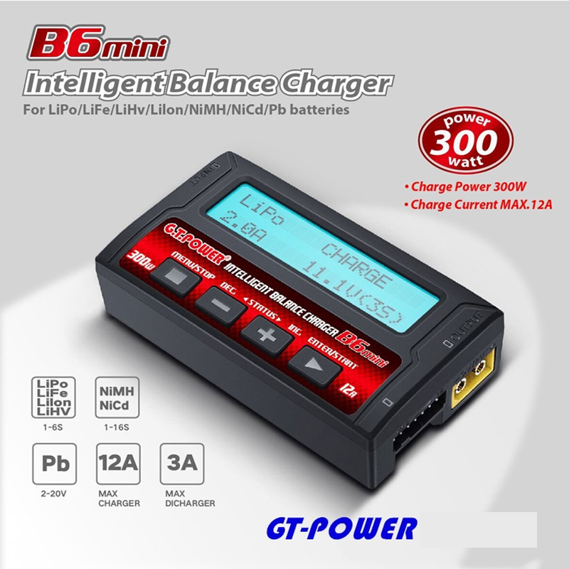 Gt.power IMAX B6 MINI อุปกรณ์ชาร์จแบตเตอรี่ลิเธียมไอออน 300W 12A สําหรับเฮลิคอปเตอร์บังคับ Re-peak NiMH NiCd LiHV NiCd PB Li-ion