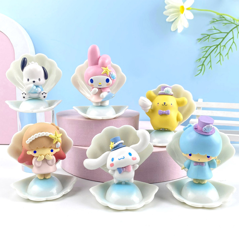 SANRIO โมเดลฟิกเกอร์ PVC อนิเมะ My Melody Pom Pom Purin Pochacco Cinnamorol Little Twin Stars Shell Q Version ขนาด 8 ซม. ของเล่นสําหรับเด็ก 6 ชิ้น ต่อชุด