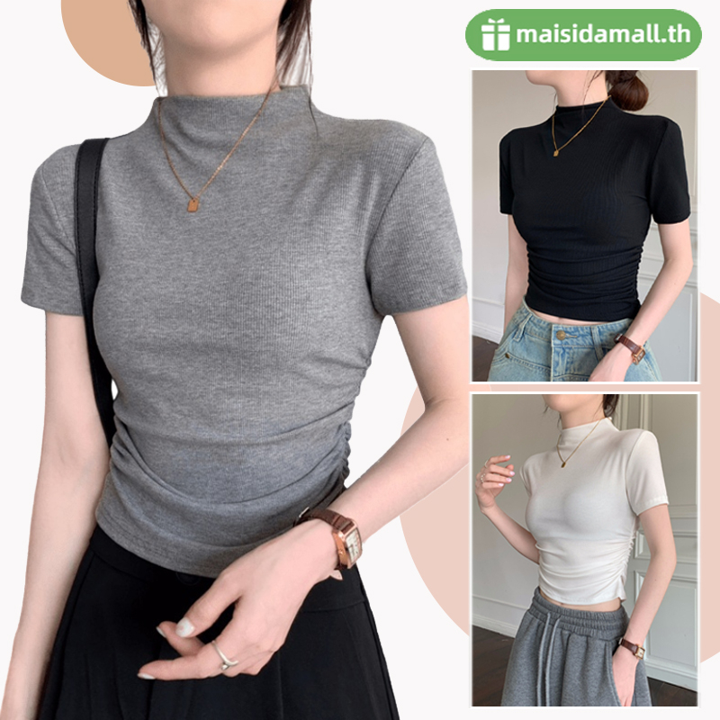 พร้อมส่ง MSD เสื้อยืดคอเต่า เสื้อยืด แบบเบสิก ทรงสลิมฟิต แขนสั้น สีพื้น สไตล์ลำลอง สำหรับผู้หญิง