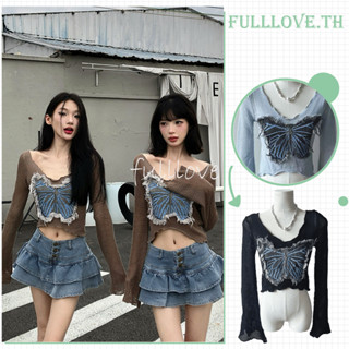 Fulllove ครอปแขนยาว เสื้อคอเหลี่ยม เสื้อไหมพรมปาดไหล่ Embroidery croptop Y2K