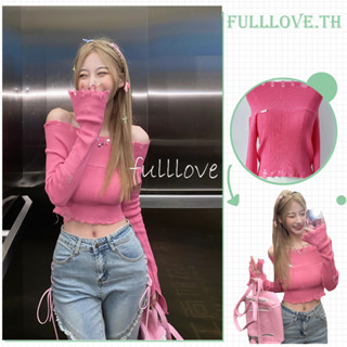 Fulllove เสื้อไหมพรมปาดไหล่ เสื้อครอปแขนยาว เซ็กซี่ ผ้ายืดได้สบาY2k croptop