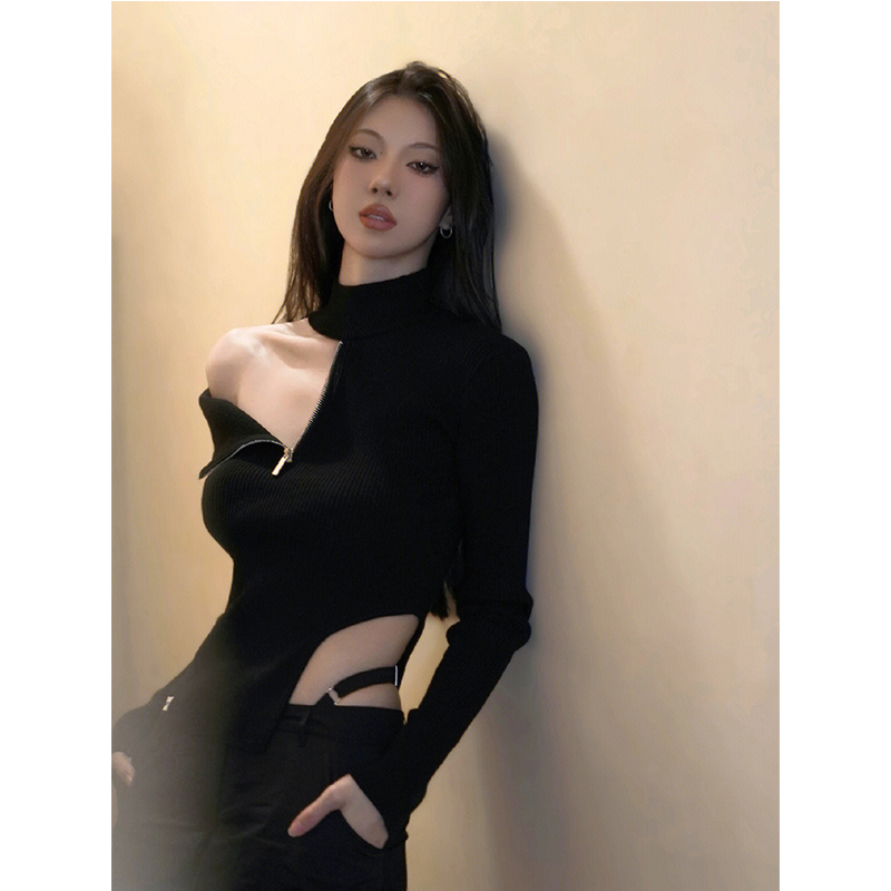 Xiaozhainv เสื้อแขนยาว เปิดไหล่ เข้ารูป หลายวิธี สีดํา สําหรับเด็กผู้หญิง