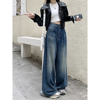 Loose fitting high waisted wide leg skinny Korean embroidered long jeans