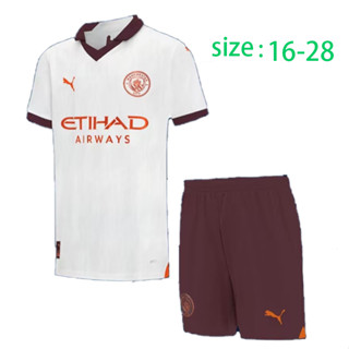 เสื้อกีฬาแขนสั้น ลายทีมฟุตบอล Manchester City 2023 2024 ชุดเยือน สีขาว สําหรับเด็ก