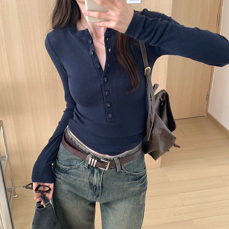 66469 เสื้อยืดแขนยาว กระดุมแถวเดียว ใส่สบาย สไตล์ใหม่